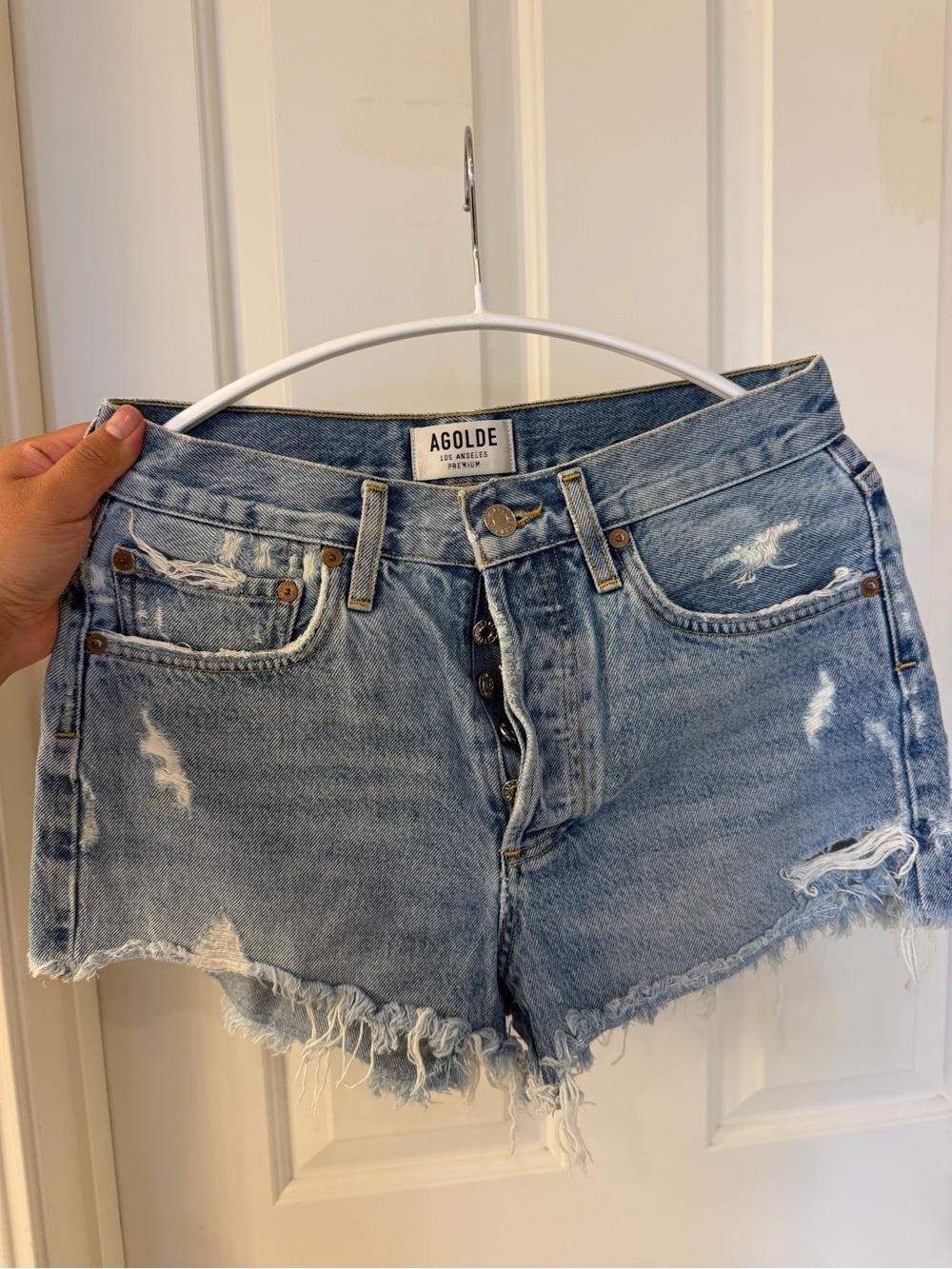 Agolde Light Blue Distressed Denim Cutoff Shorts size 25
